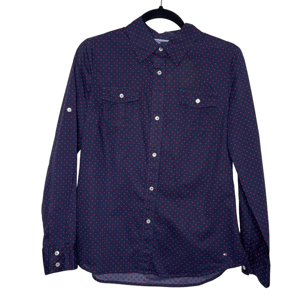Tommy Hilfiger Button Down Shirt Womens S Blue Red Polka Dot Preppy Americana